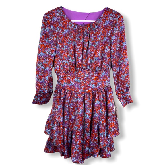 FOR LOVE AND LEMONS Shiloh red purple floral bloom ruffle mini dress - Picture 3 of 11